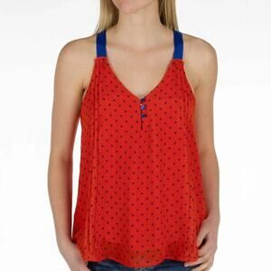 2/$30 Daytrip Polka Dot Tank Top Chiffon Overlay Henley Red Navy Small #8810